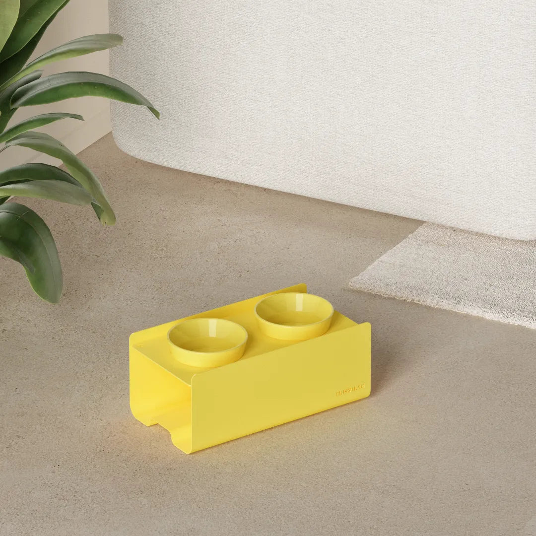 Kit Small Giallo Pastello - Alzaciotole BILL Puro Small + Ciotole POP in Maiolica