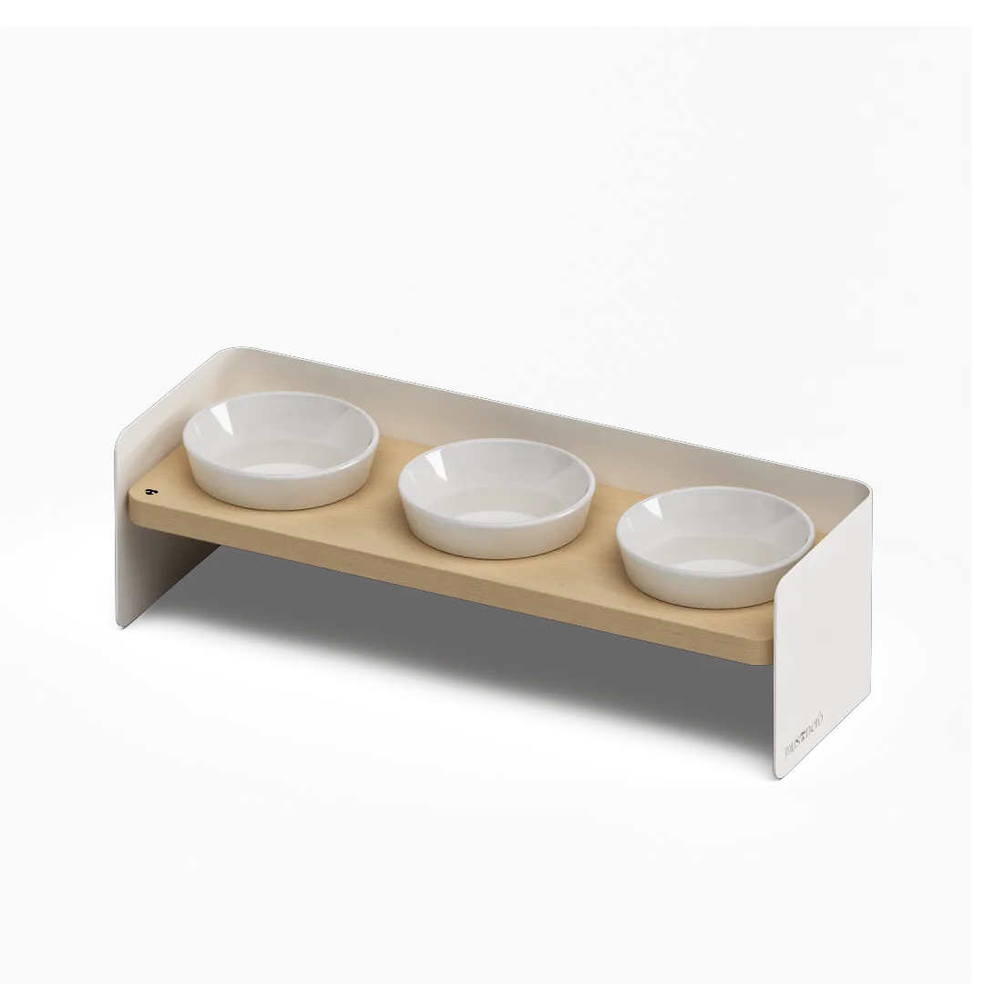 BAY Tris | Alzaciotole Triplo in Legno e Acciaio Inox con Ciotole POP