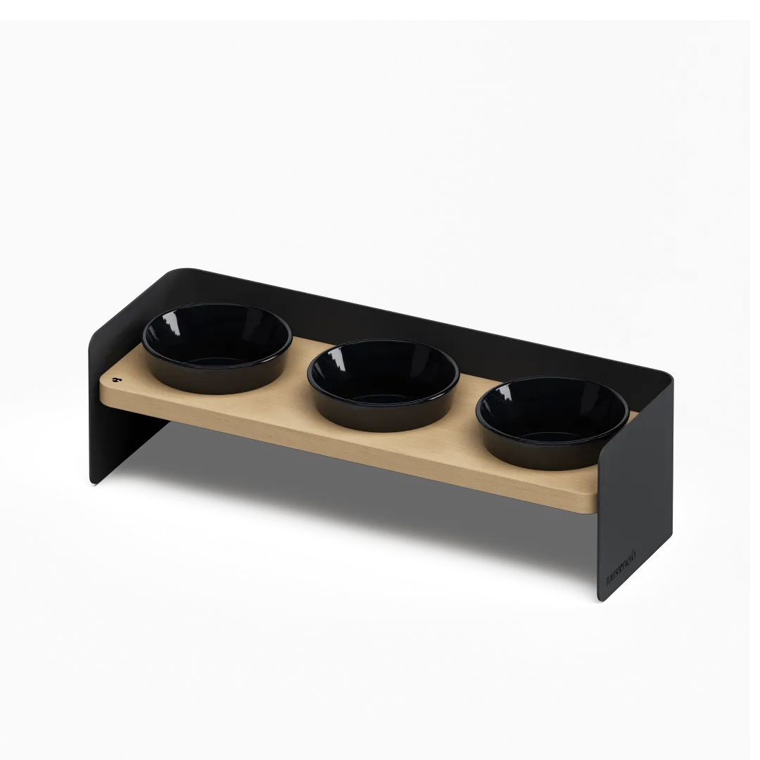 BAY Tris | Alzaciotole Triplo in Legno e Acciaio Inox con Ciotole POP