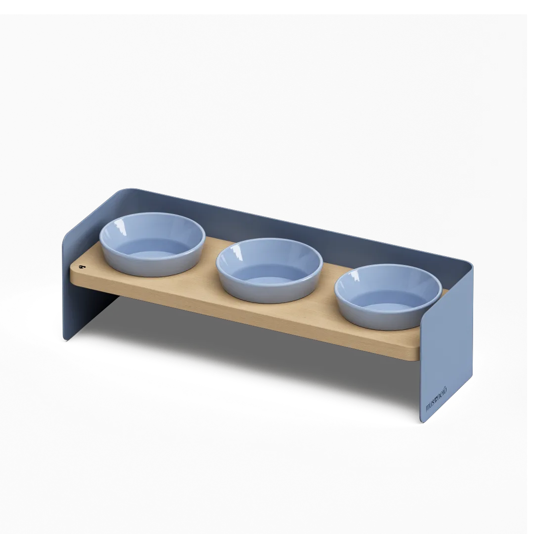 BAY Tris | Alzaciotole Triplo in Legno e Acciaio Inox con Ciotole POP