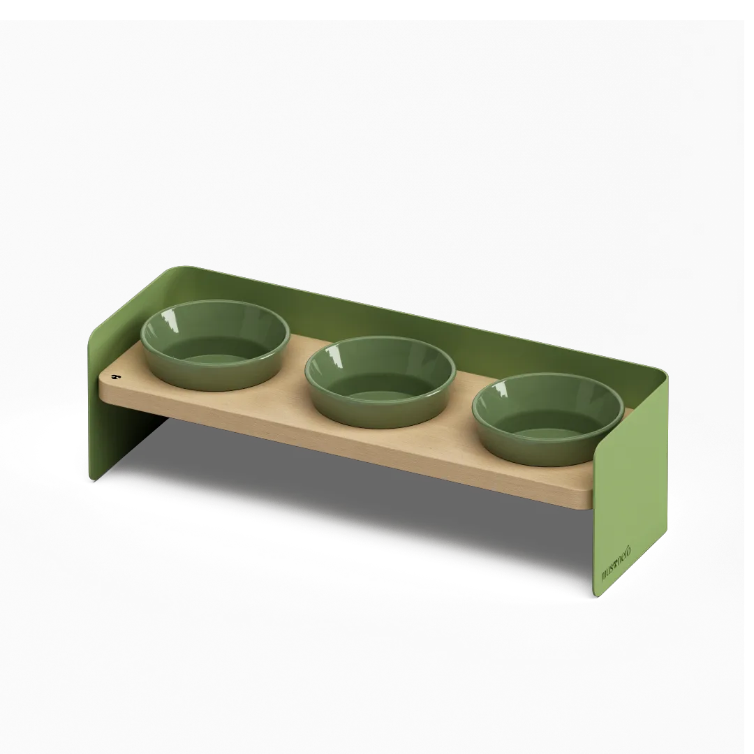 BAY Tris | Alzaciotole Triplo in Legno e Acciaio Inox con Ciotole POP